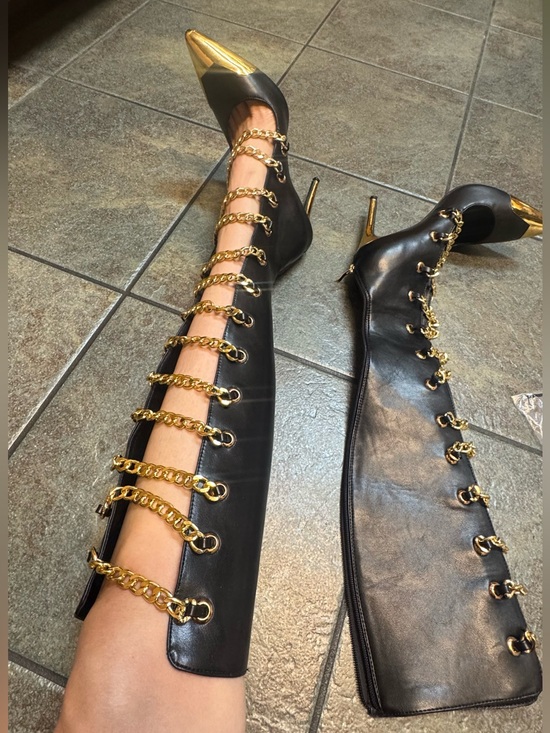 Shoes - Black Leather Knee-High Stiletto Boots with Gold Chain & Toe Cap US 8